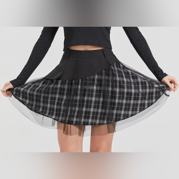 Punk Goth Plaid Mesh Overlay Skirt - Picture 5 of 12